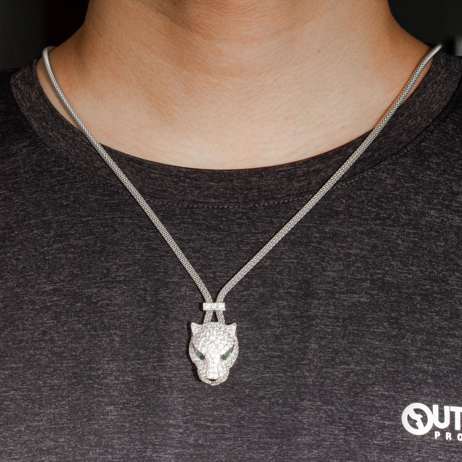 欧美风气质祖母绿镶钻豹子头项链夸张潮男长款霸气男女同款银链