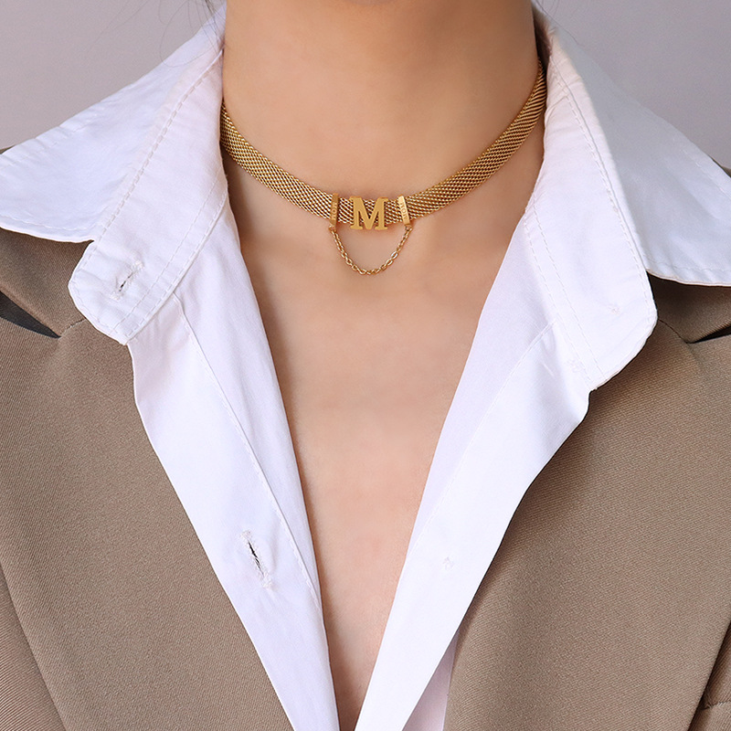 欧美风ins字母m流苏珍珠项圈项链女手链女钛钢手饰首饰套装