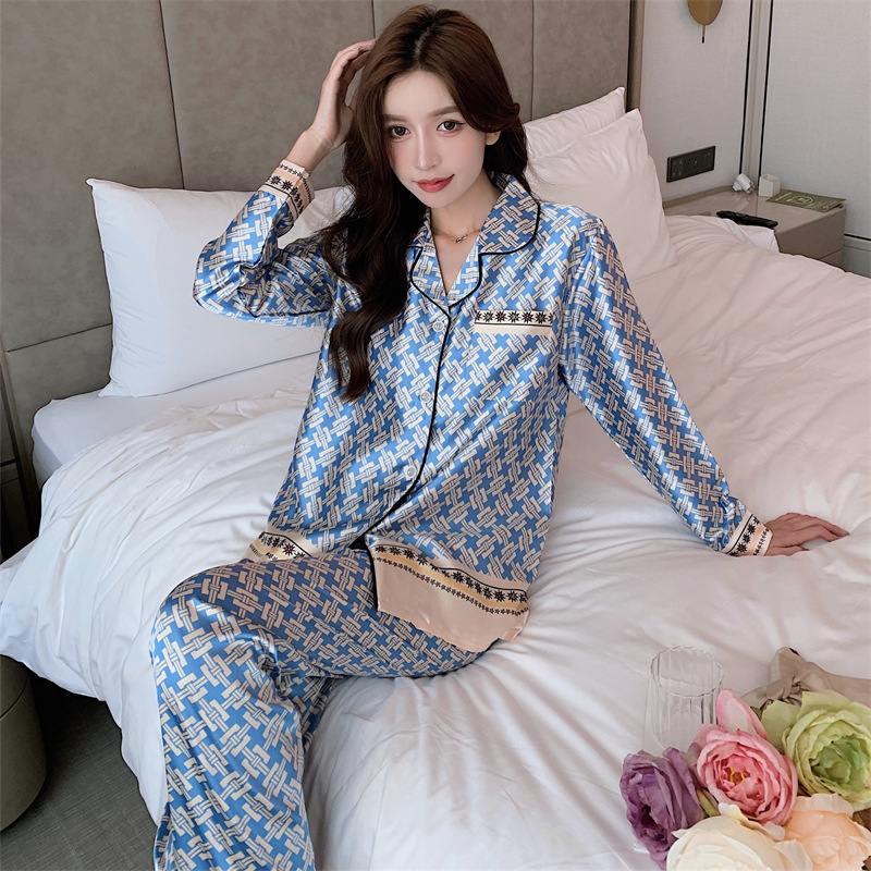 Ice Silk Pajamas Women's Spring and Autumn Korean Style Fashionable Thin plus-Sized plus Size 100.00kg Wearable Long Sleeve Homewear Suit