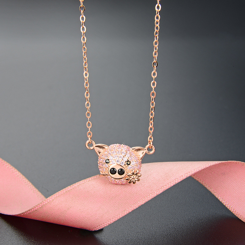 可爱首饰小猪猪配饰吊坠 日韩版s925银镶钻锁骨链 女款时尚项链