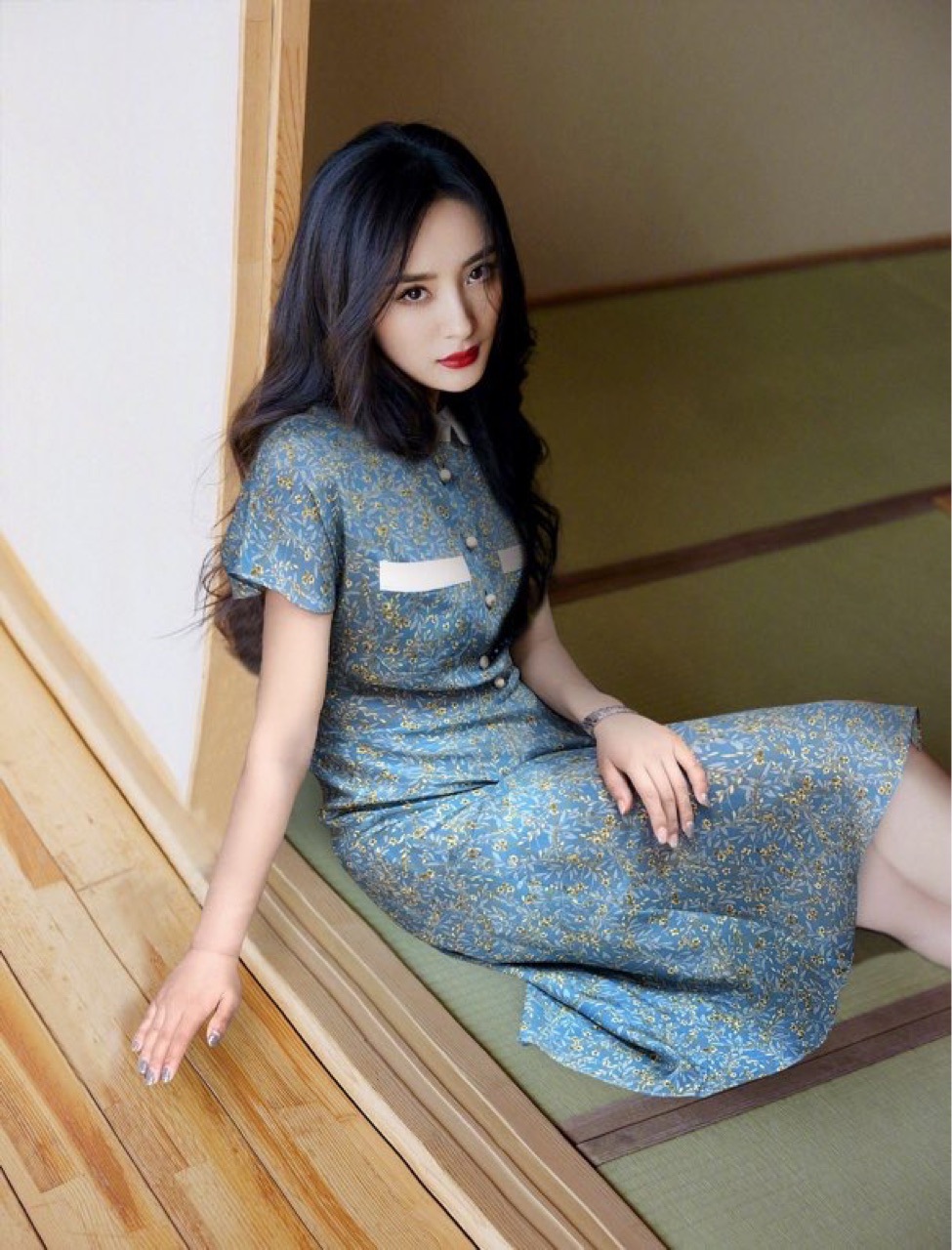 明星碎花真丝连衣裙图片