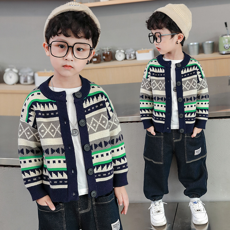 男童开衫2024新款童装韩版儿童复古提花毛衣春季宽松中小童针织衫