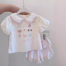韩国童装2024夏装新款女童洋气套装小女孩甜美娃娃领短袖上衣短裤