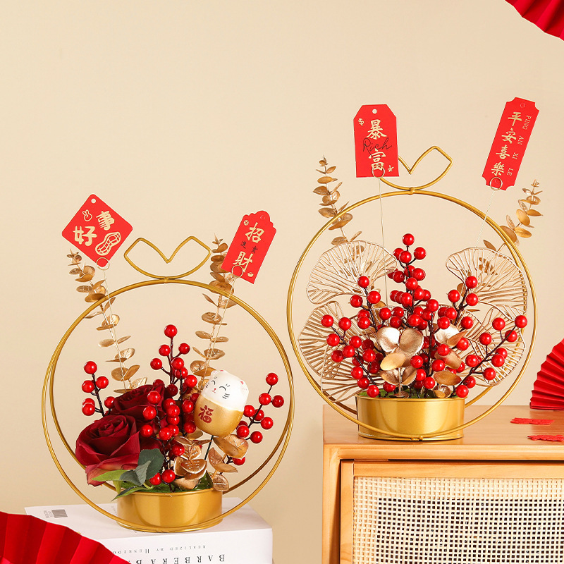 Wholesale New Year Red Paste Fortune Fruit Artificial/Fake Flower Decoration Living Room Desktop Decorative Flower Basket Moving into the New House Gift