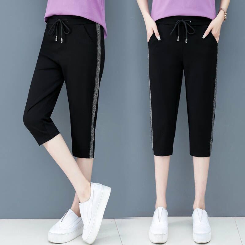 网红裤子女薄款七分裤2021夏季新款运动裤大码宽松侧条纹休闲马裤