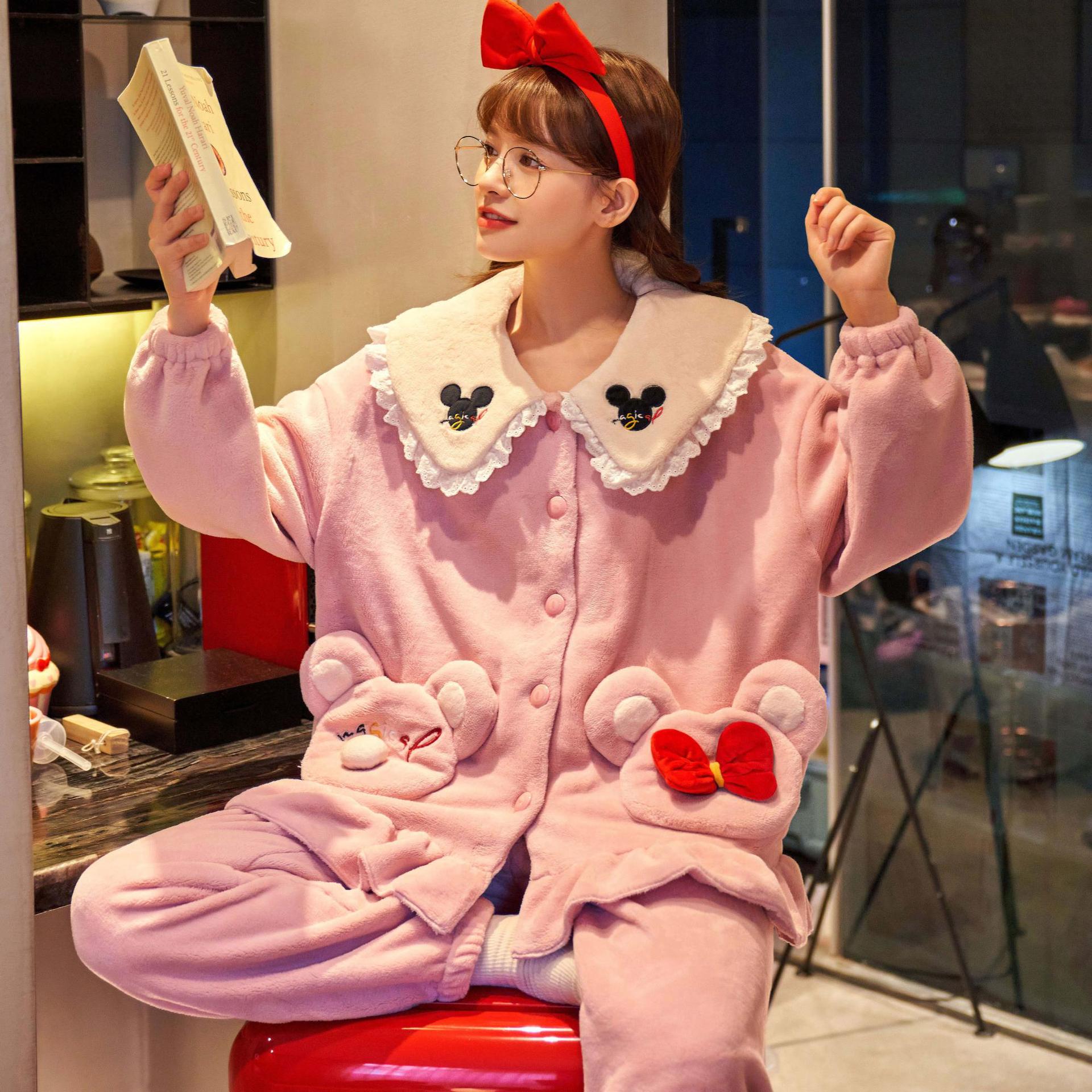 秋冬季睡衣女加厚开衫法兰绒可爱卡通珊瑚绒保暖家居服