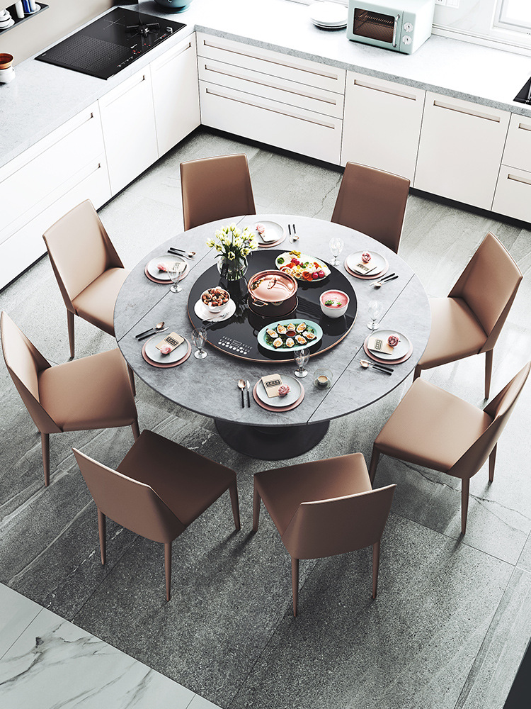 人带 轻奢风组合长方形伸缩变餐桌圆桌后现代8餐桌椅岩板圆形转盘