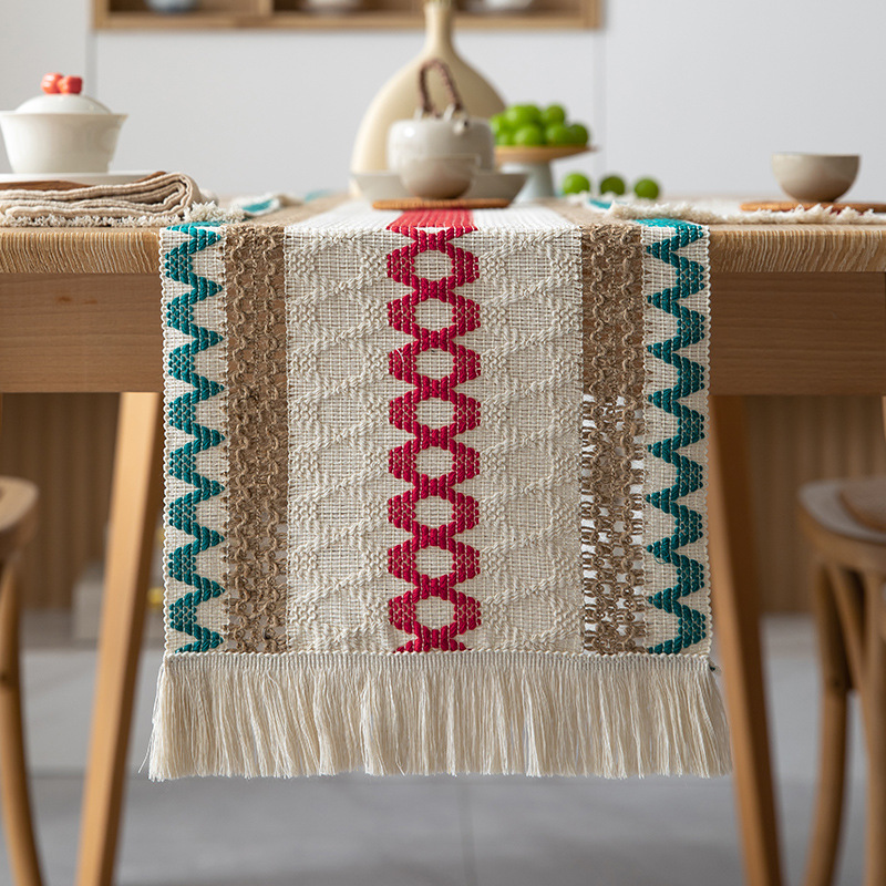 Cross-Border Dining Table Table Runner Wholesale Solid Color Linen Light Luxury American Tassel Table Towel Tea Table Mat Weaving Hollow Table Runner