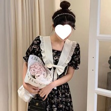 巴黎少女法式海军领黑色碎花连衣裙女夏蝴蝶结气质裙子2024年新款