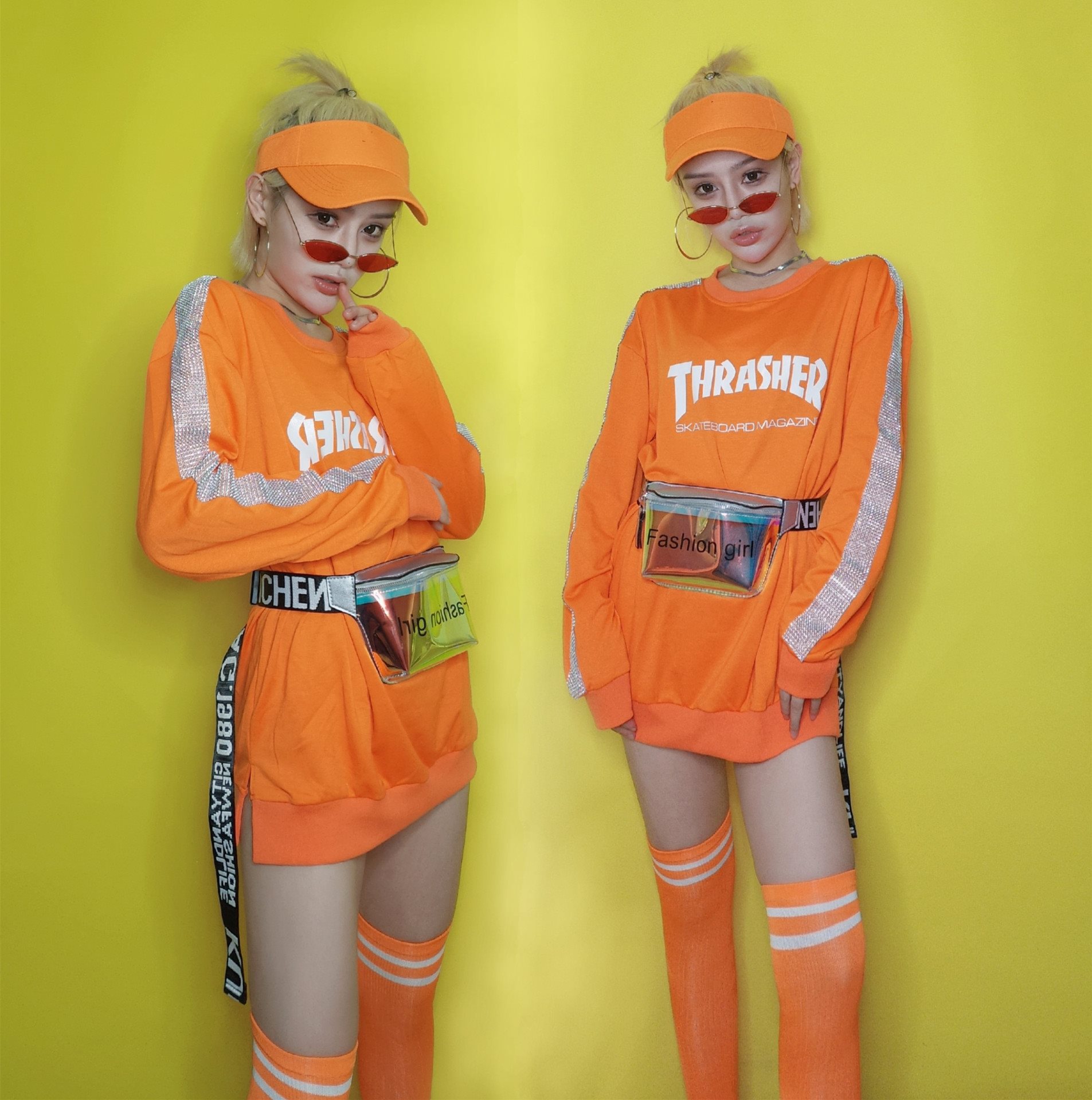 新款演出服爵士舞服装女团队演出服嘻哈街舞荧光橙色大-阿里巴巴