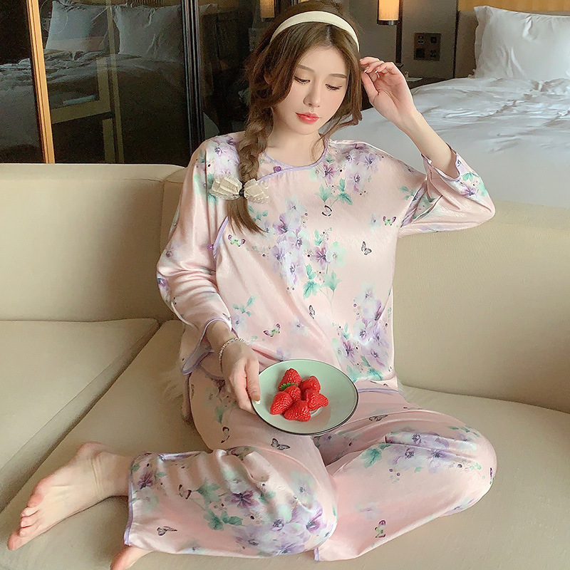 New Chinese Style High-Grade Landscape Painting round Neck Pajamas Women's Spring and Summer Artificial Silk Long Sleeve Thin Silk Homewear Suit