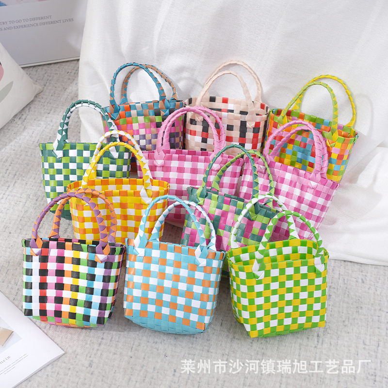 Fashion Color Contrast Woven Vegetable Basket Bag 2023 Spring New Trendy Simple Handbag Fresh Beach Bag