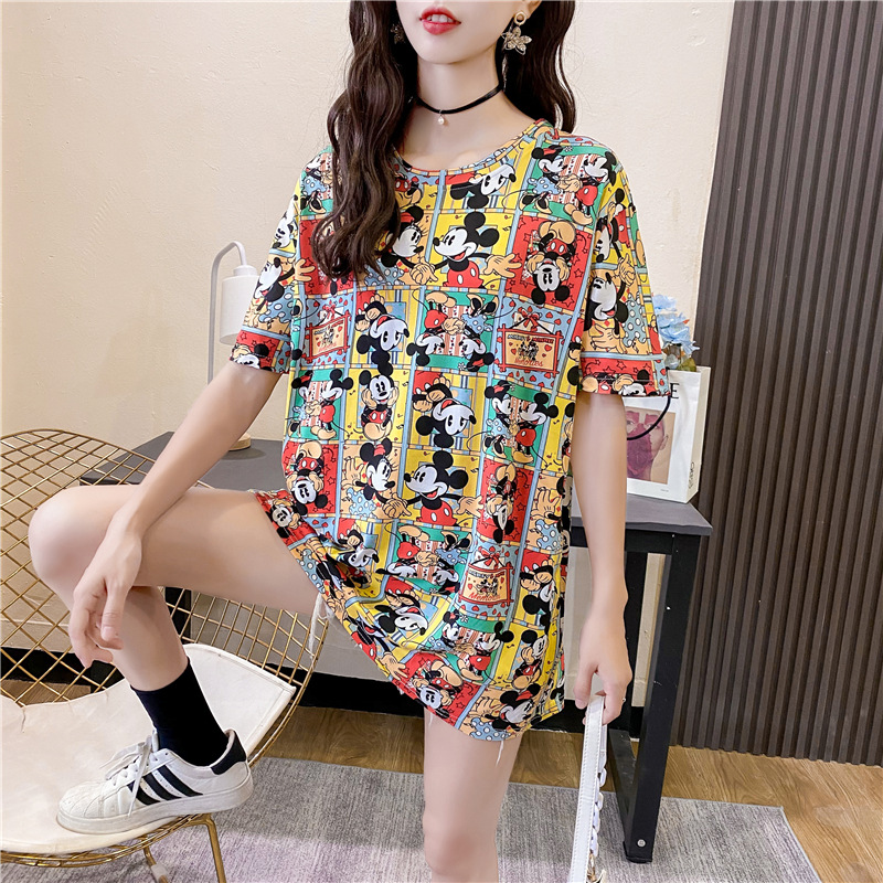 网红宽松中长款短袖t恤女2021年夏季新款米奇设计感上衣ins超火潮