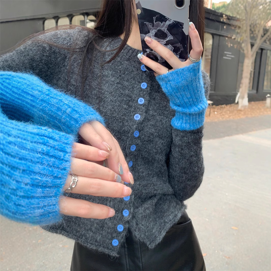 实拍 秋冬新款撞色针织衫女软糯开衫毛衣圆领长袖慵懒风上衣72278