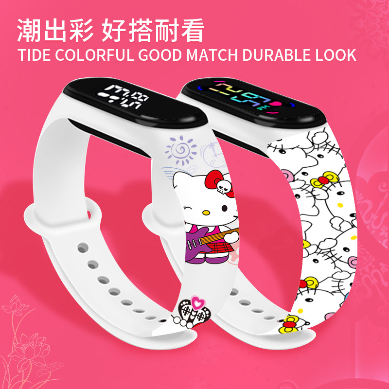 凯蒂猫Kitty猫印花LED电子手表适用小米手环876543代NFC手环腕带