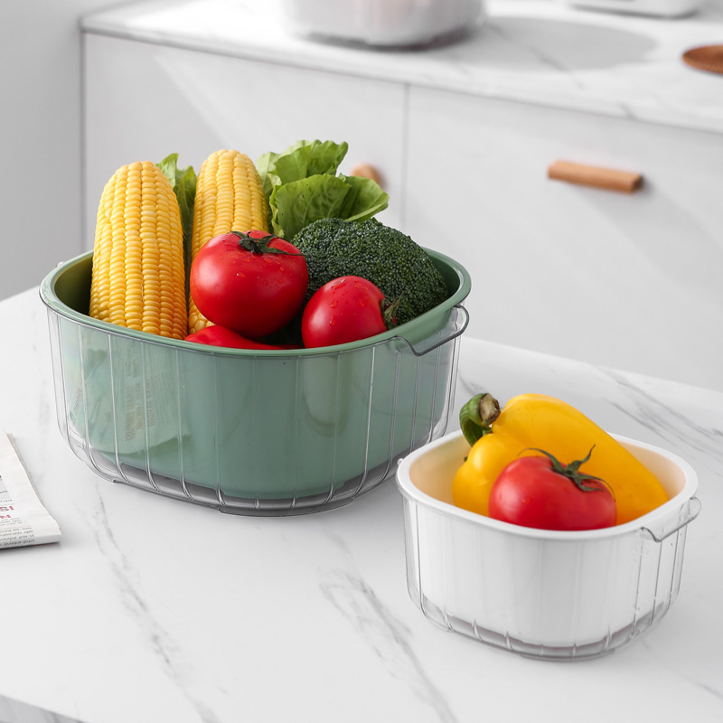Double-Layer Vegetable Washing Basket Household Kitchen Cleaning Drain Basket Plastic Creative Fruit Basket plus Vegetable Washing Basket Wholesale