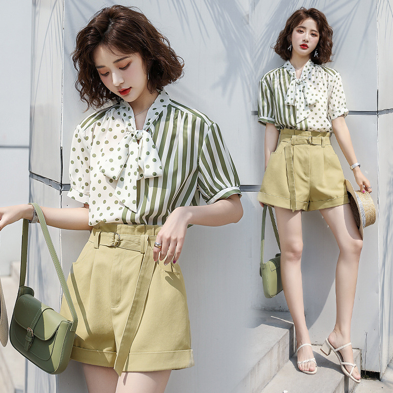 一字肩短袖上衣 蕾丝牛仔套装连衣裙女夏棉麻时尚套装裤女2021夏装