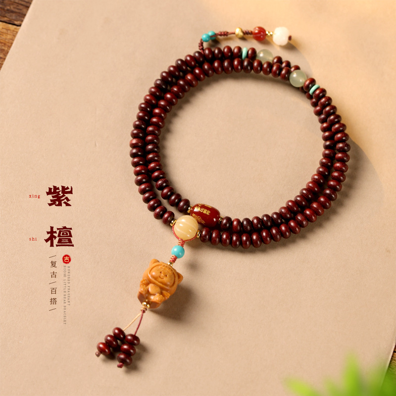 复古紫檀木算盘珠手串檀香恐龙多妹文玩红玛瑙转运珠檀木手链项链