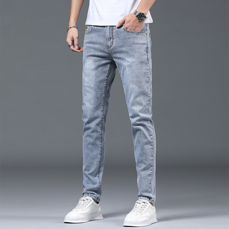 Summer Light Color Thin Slim Jeans Men's Cropped Ripped Ankle-Tied Pants Men Fashion Brands Trendy Long Pants Men