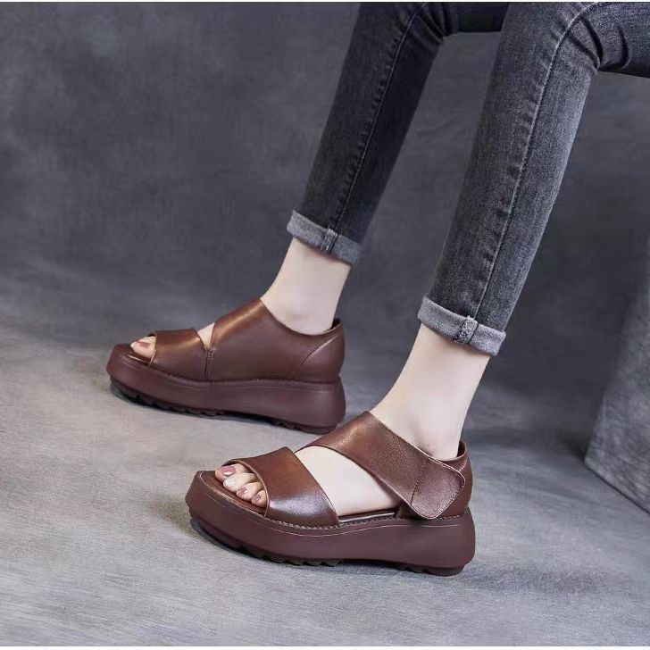 Retro Platform Sandals for Women Summer Fashion New Velcro Soft Bottom Middle Heel Wedge Casual Roman Sandals
