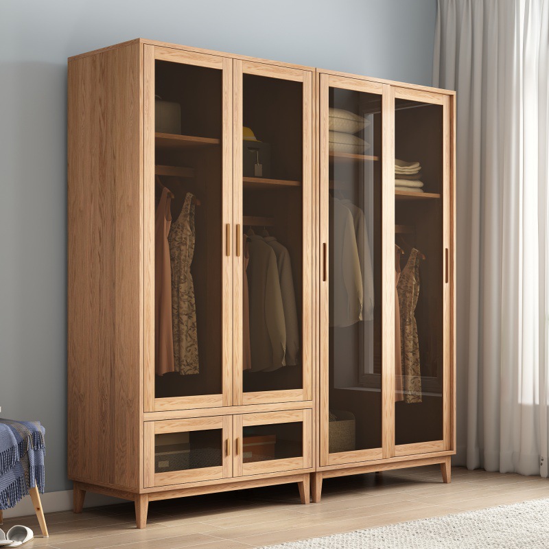 全实木橡木衣柜玻璃推拉门现代简约卧室轻奢开门组合收纳家具北欧