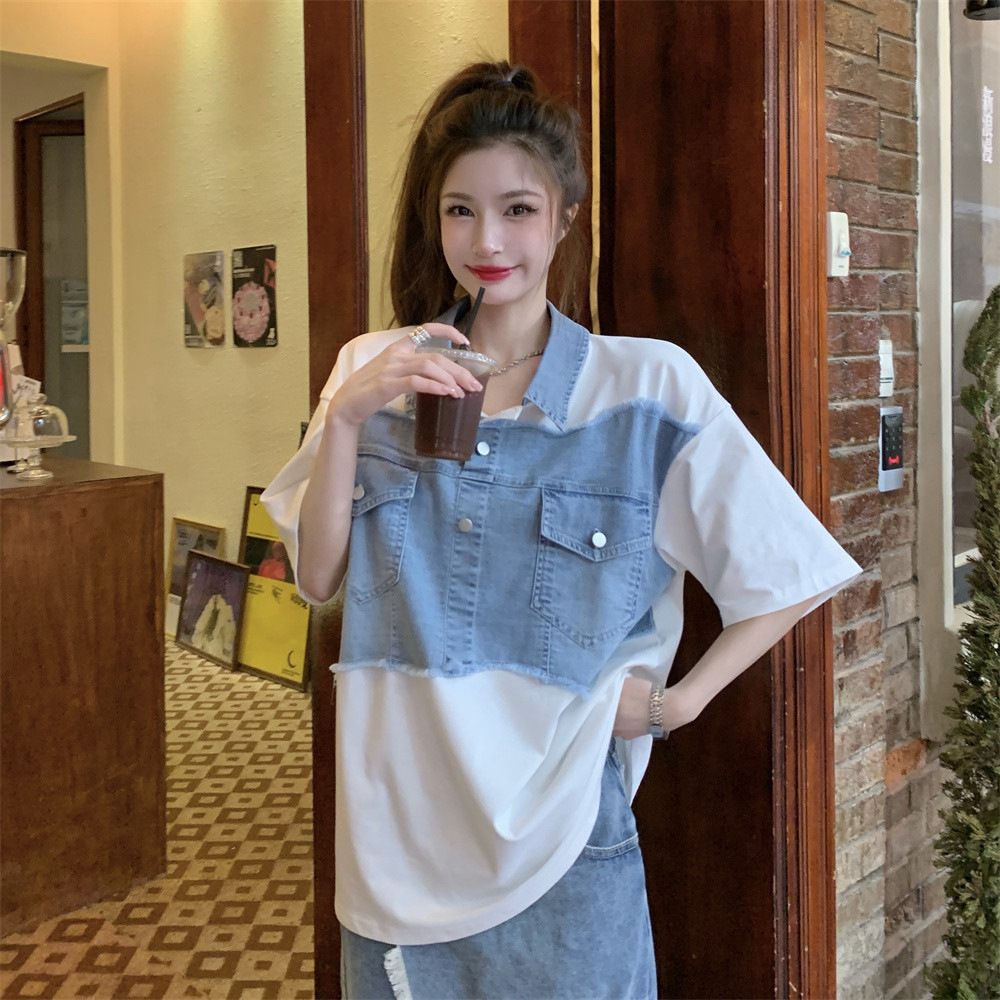 复古港味牛仔短袖t恤女夏季设计感小众polo领短袖宽松拼接上衣服