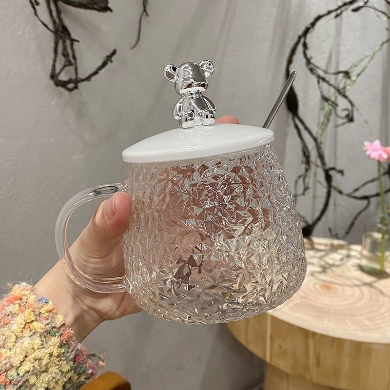 Bear Mark Glass Water Cup Glacier Tea Cup Household Scented Tea Cup Heat-Resistant Glass Hammer Pattern Handle Cup Ins Wholesale