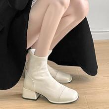 白色短靴女2023新款秋冬粗跟法式靴子配裙子时尚瘦瘦靴加绒马丁靴