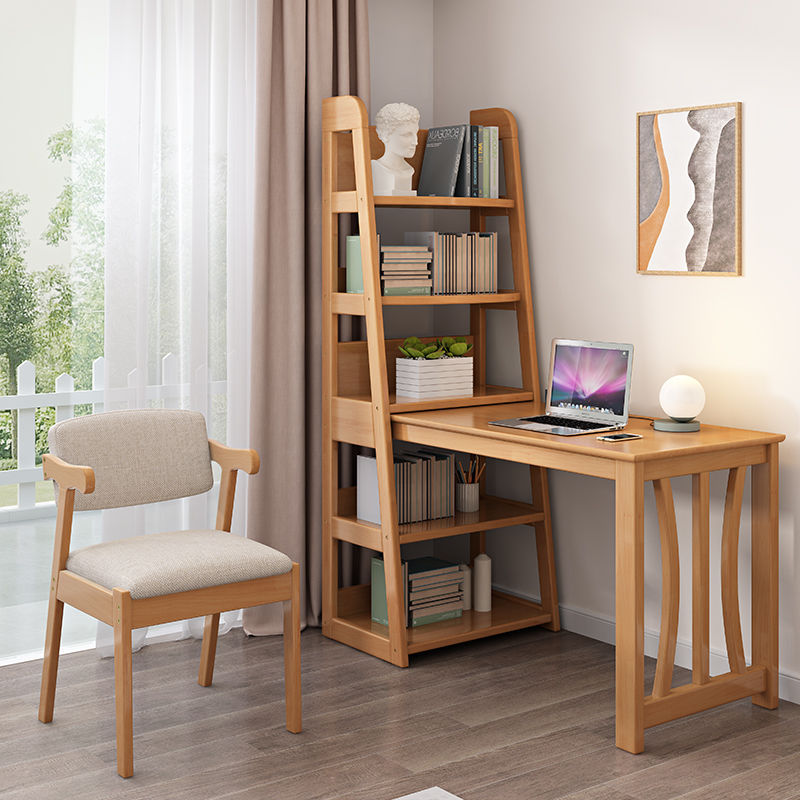实木书桌书架一体组合家用初高中学生写字桌卧室飘窗转角l型书柜