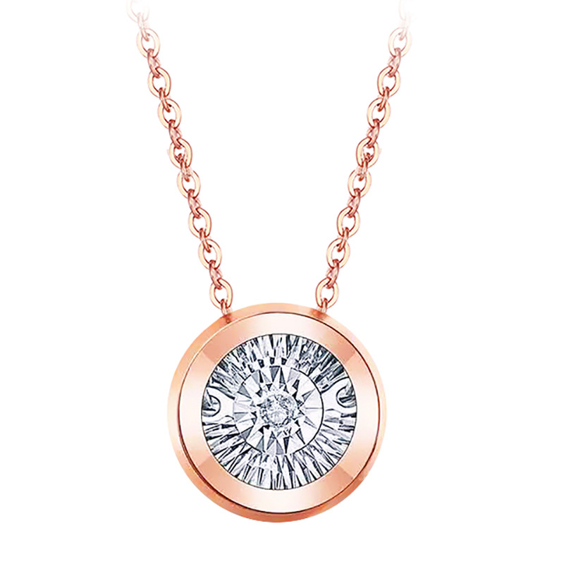 钛钢钻石项链钛钢镶嵌真钻小蛮腰罗马双环四叶玫瑰金锁骨链吊坠