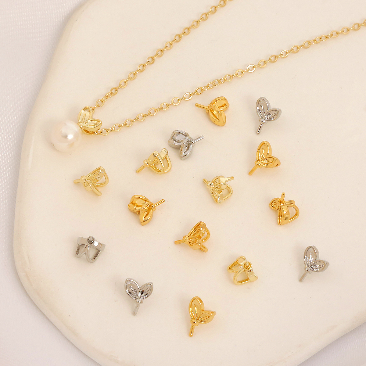 树叶吊针14K铜镀包金兔耳朵叶子珠托项链吊坠空托DIY手工珍珠托