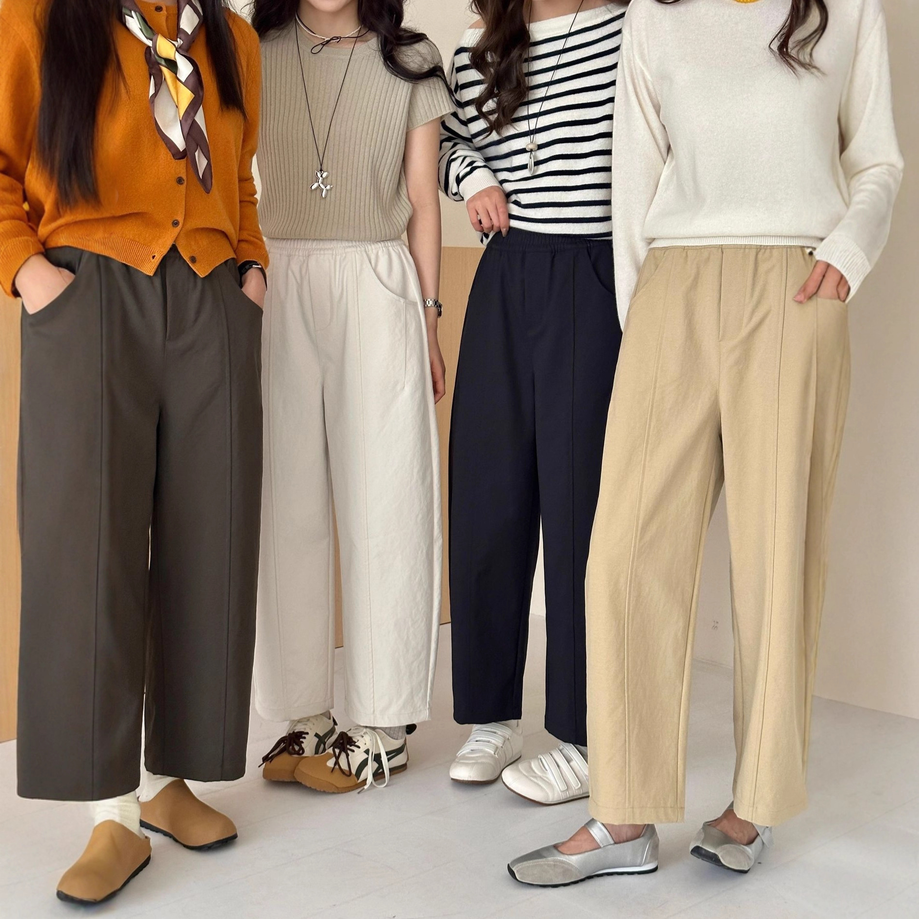 2025早秋新款弯刀中线休闲裤女日系斜纹高腰百搭阔腿直筒九分裤