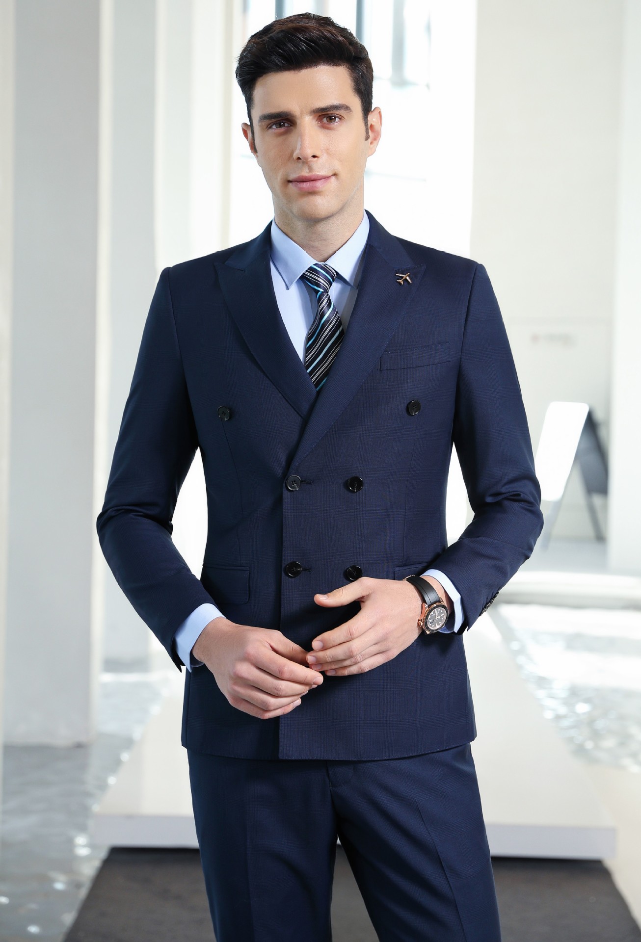 新款毛涤格子宝蓝色修身商务正装羊毛西服套装男新郎结婚礼服西装