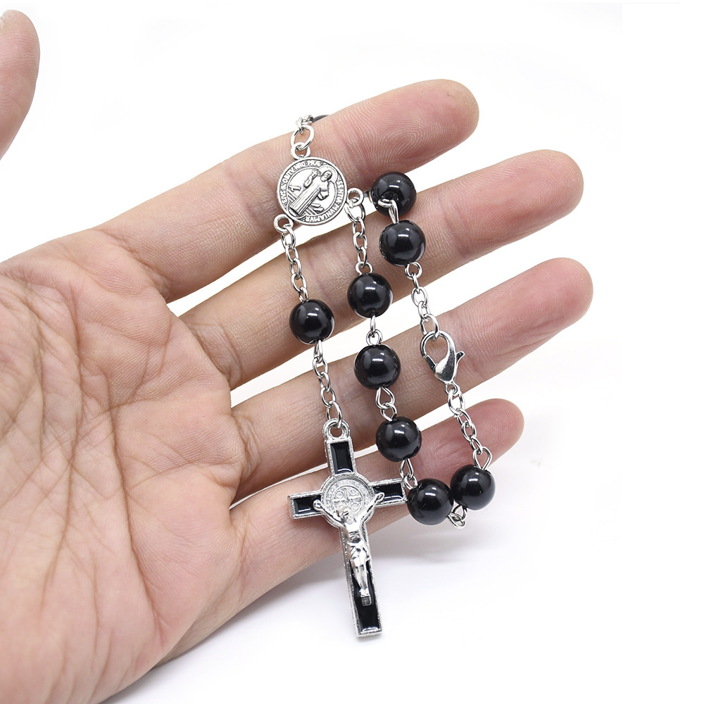 Foreign Trade Wholesale St Benedict Black Pearl Rosary Bracelet Cross Religious Ornament Prayer Beads