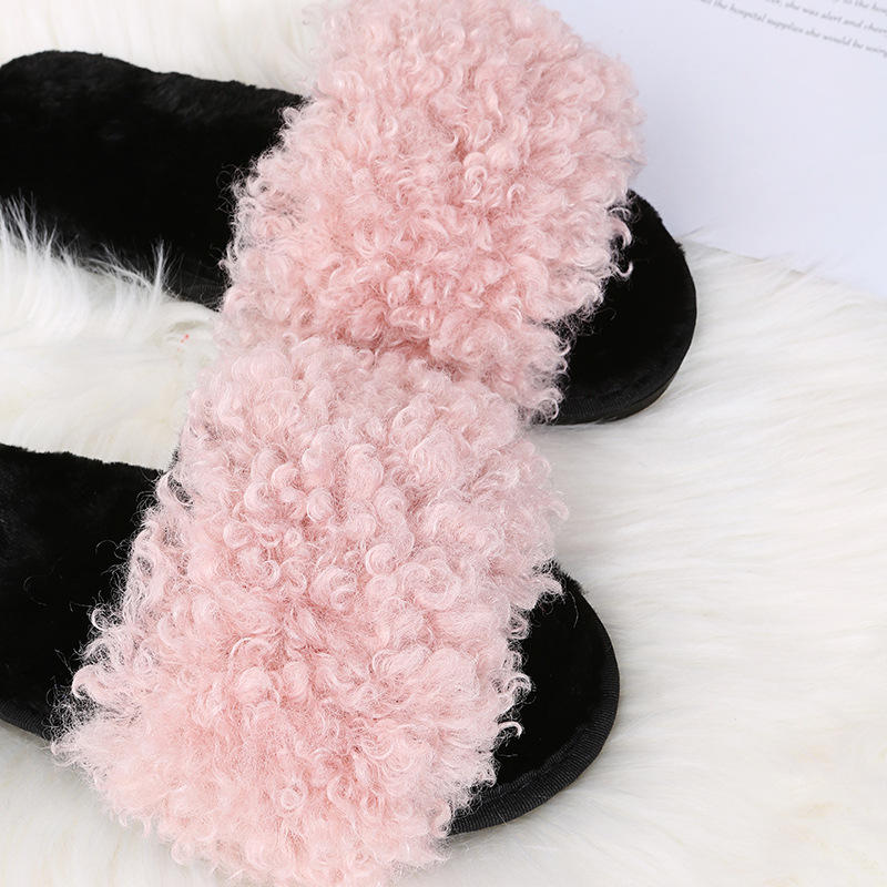 厚底羊羔毛一字拖鞋女2021秋冬新款时尚休闲平底毛毛拖鞋女外穿