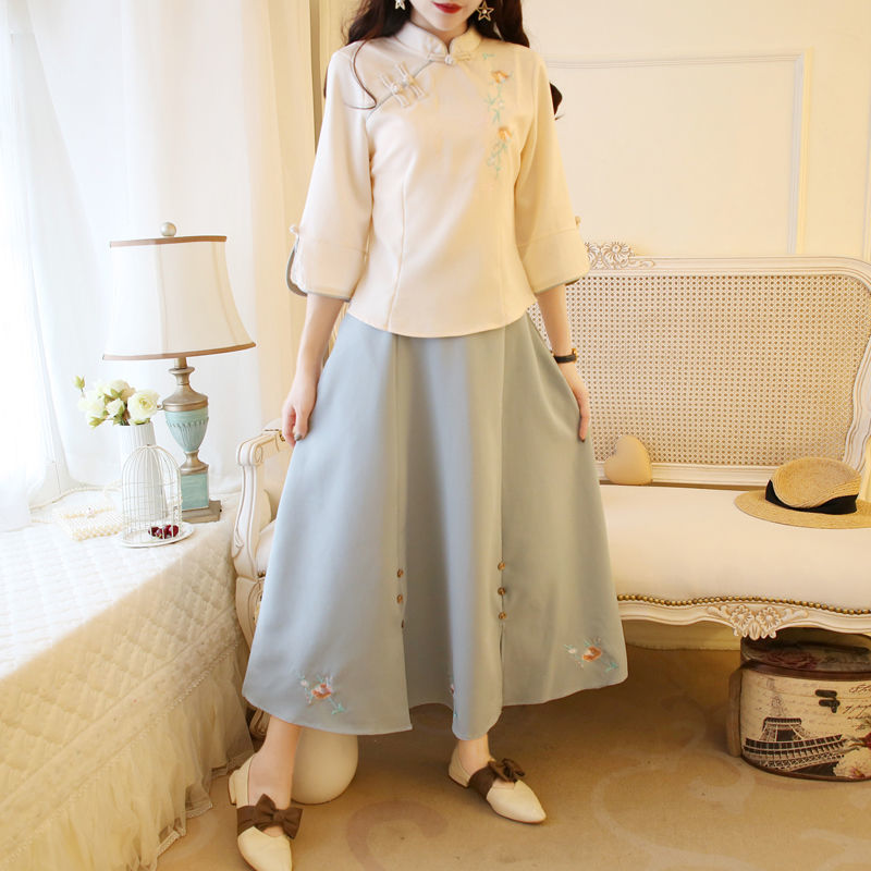 改良版汉服民国风复古女装改良女春夏唐装女风学生套装古风上衣