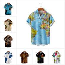 独立站新款世界地图元素短袖衬衫个性衬衣男休闲沙滩上衣夏季