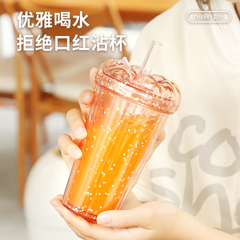 New Creative High-Looking Double-Layer Plastic Anti-Scald Milk Tea Cup with Straw Ins Girl Student Office Household Water Cup