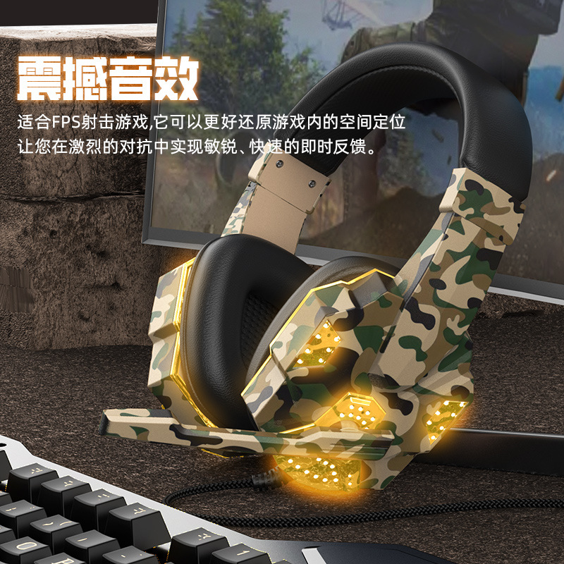 Cross-Border Private Model Camouflage Luminous Headphones Game Head-Mounted Computer Notebook Headset Wired E-Sports Pubg Headset