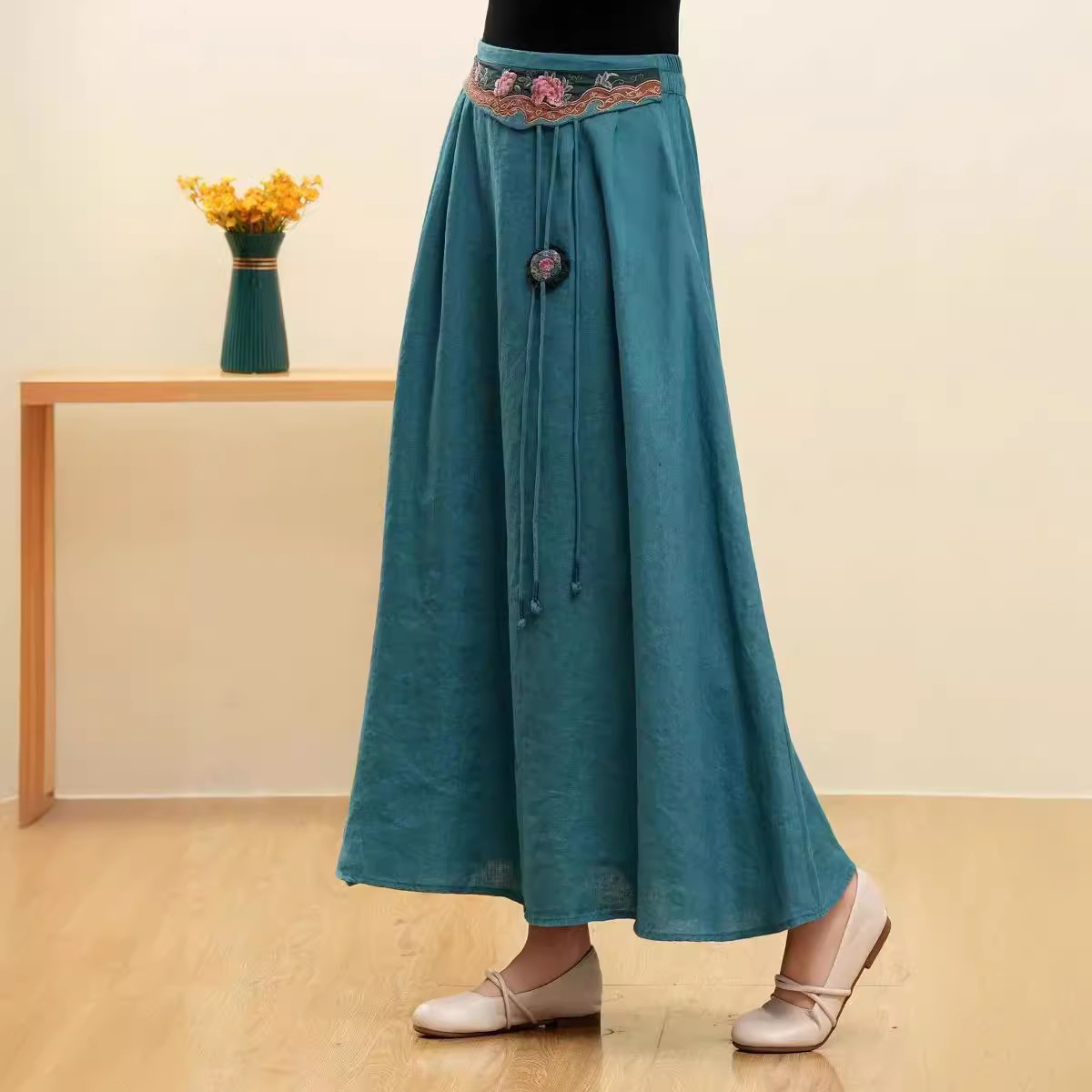 半身裙重工纯色版宽松流苏春季新款女式休闲裙子刺绣长裙2024亚麻