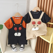 夏季新款韩版童装男女童立体小熊短袖背带两件套夏装儿童套装潮