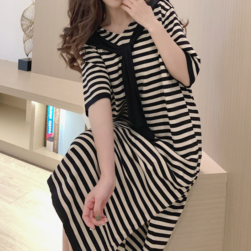 Korean Style Anti-Aging Striped Loose Straight Knit Short Sleeve Dress Women's Summer 2023 New French Style Small