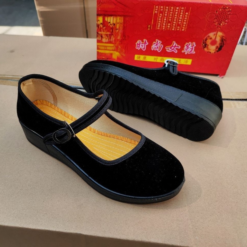 春款经典黑一代女鞋聚氨酯绒面搭扣老北京布鞋工作酒店跛跟布鞋子