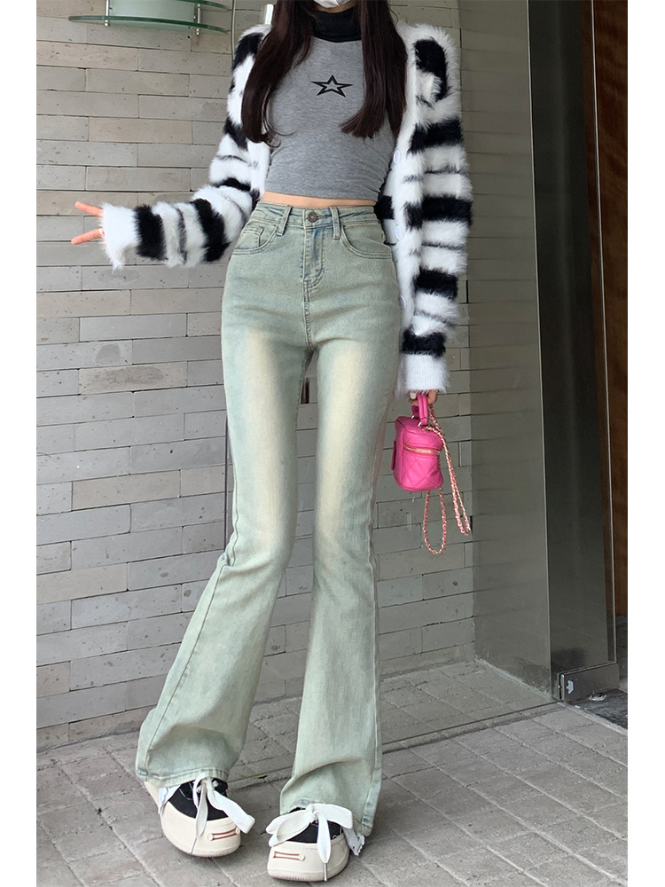   American Retro Yellow Mud Dyed Skinny Jeans for Women 2023 New Trendy All-Match Student Slim Fit Slim Flare Pants