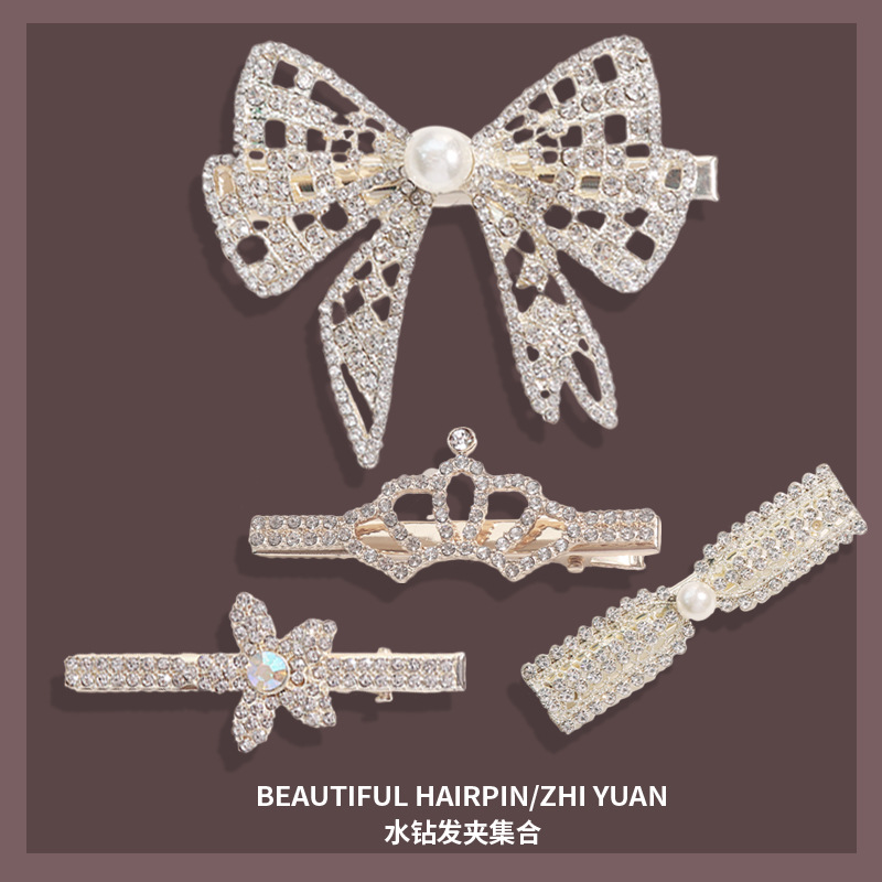 Korean Style Simple Rhinestone Bow Barrettes Wings Hairpin Girl Side Clip Flower Crown Wholesale