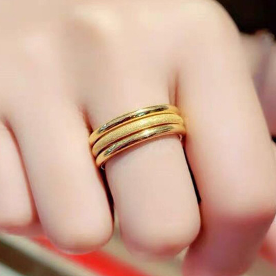 三生三世情侣素圈戒光圈磨砂黄金古法戒指女999足金指环情人节礼