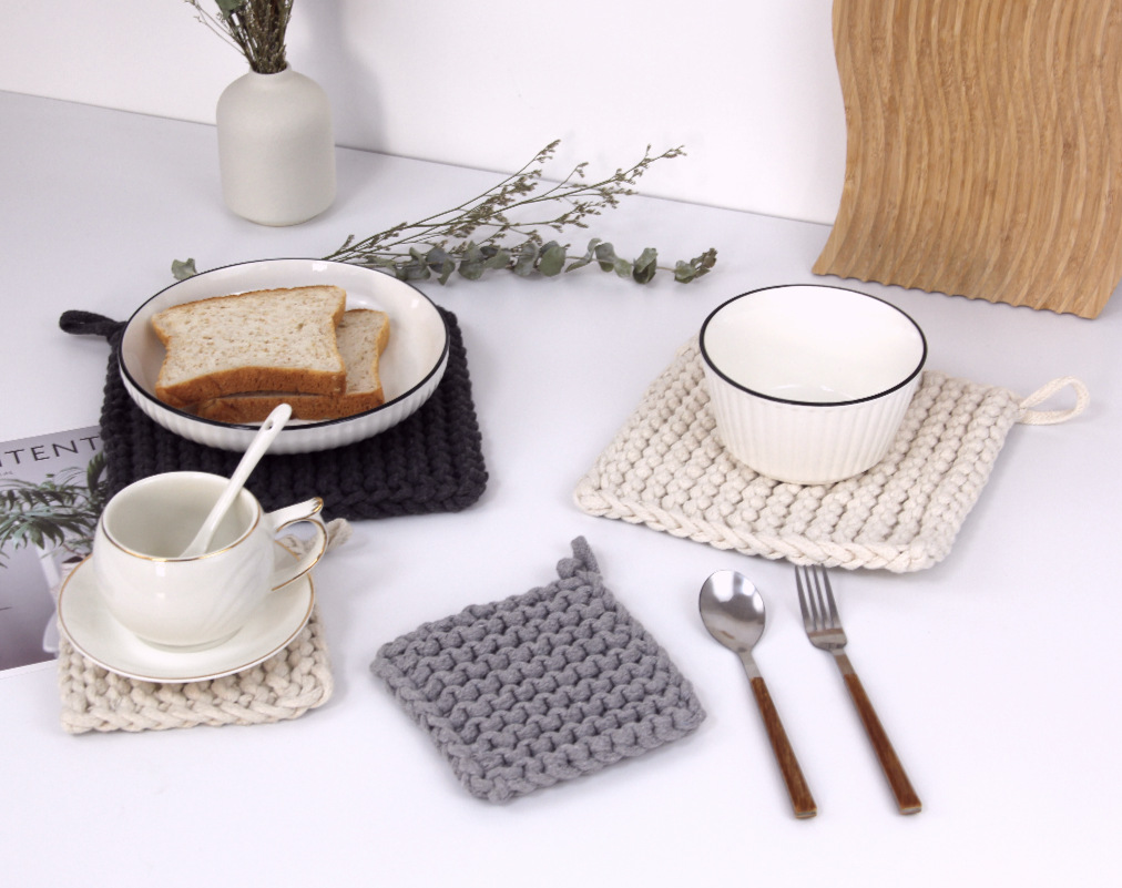 Hand-Woven Coaster Plain Cotton String Thick Square Heat Proof Mat Teacup Mat Simple Thick Absorbent Placemat
