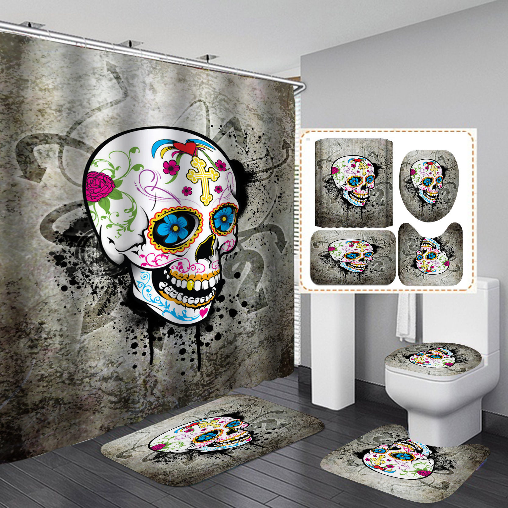 Halloween Shower Curtain Set Horror Series Waterproof Punch-Free Partition Curtain Bath Curtain Hotel Toilet Rain Curtain