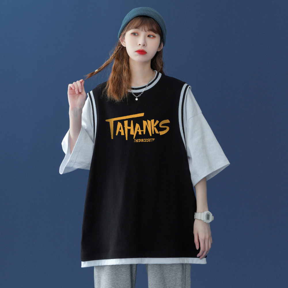 街头帅气嘻哈bf假两件半袖t恤女酷酷风格篮球班服大码女装ins潮