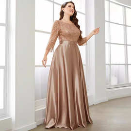 圆领长袖亮片拼接礼服缎布大摆长款连衣裙晚礼服舞会大码连衣裙女